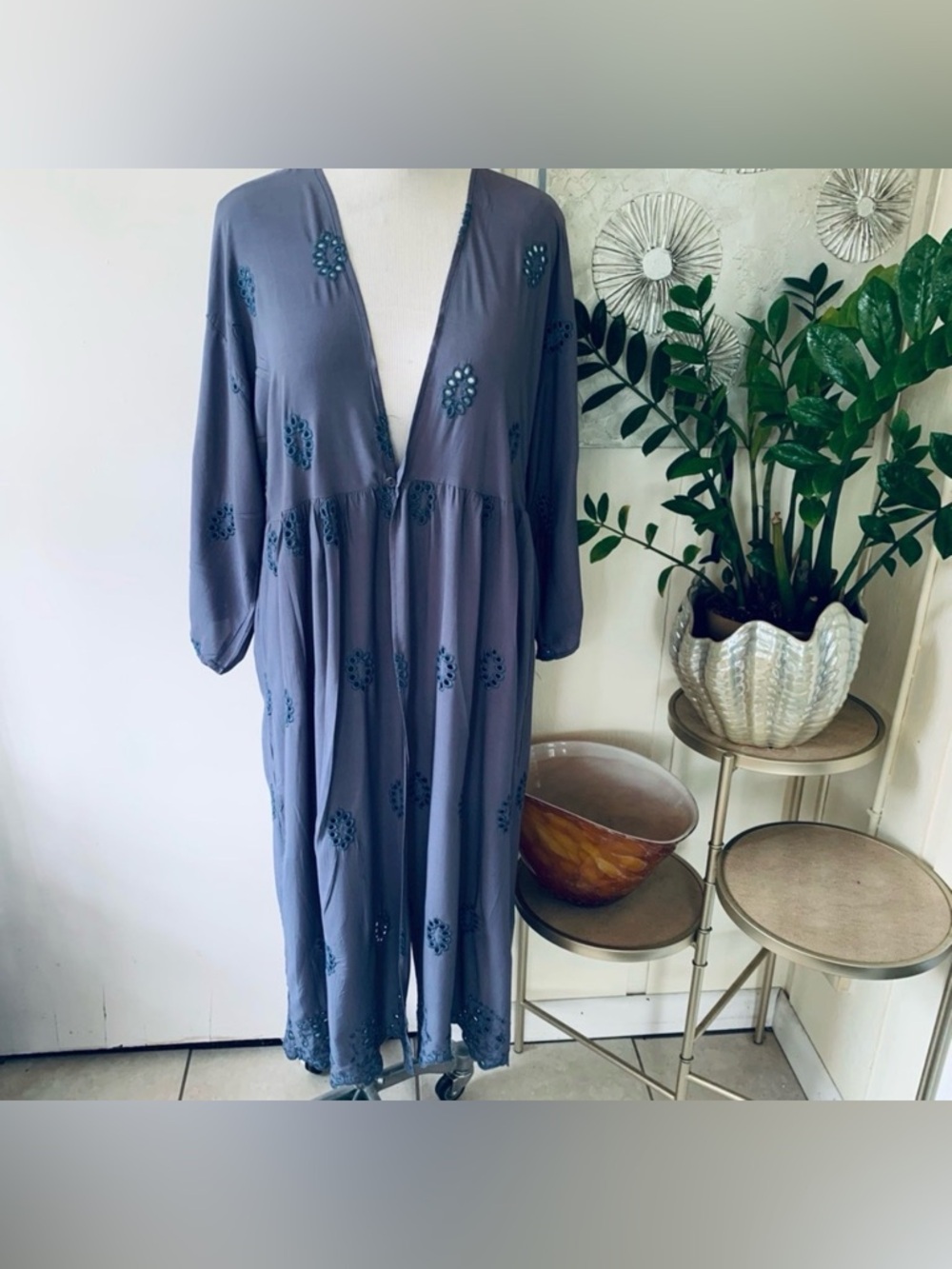 NWT Purple Viscose Eyelet Kaftan Coverup Dress Kimono V-neck Size L/XL